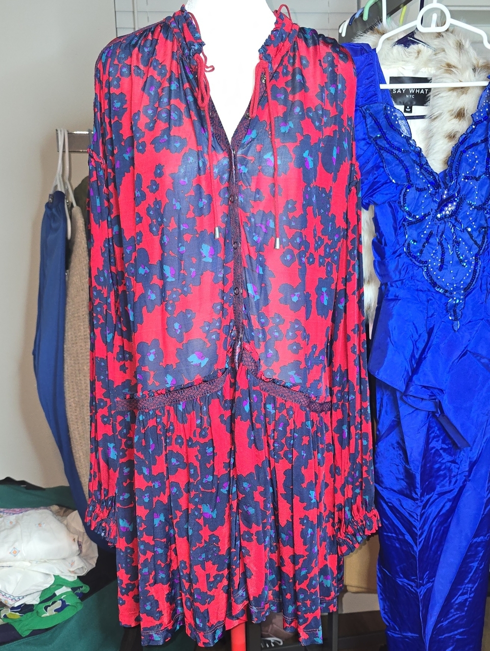 Free People Red and Navy Floral Long-Sleeeve Swing Dress